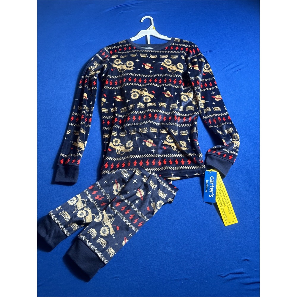Carters Boys Pajamas Blue Fleece Monster Truck Long Sleeve Sz 14 New 2 Piece Set